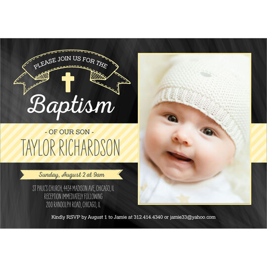 Yellow Chalkboard Baptism Photo Invitations